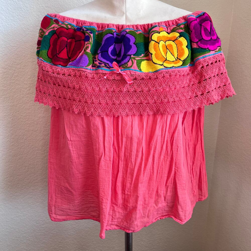 Fiesta Floral Coral Embroidered Spanish off shoulder cotton blouse womens Large